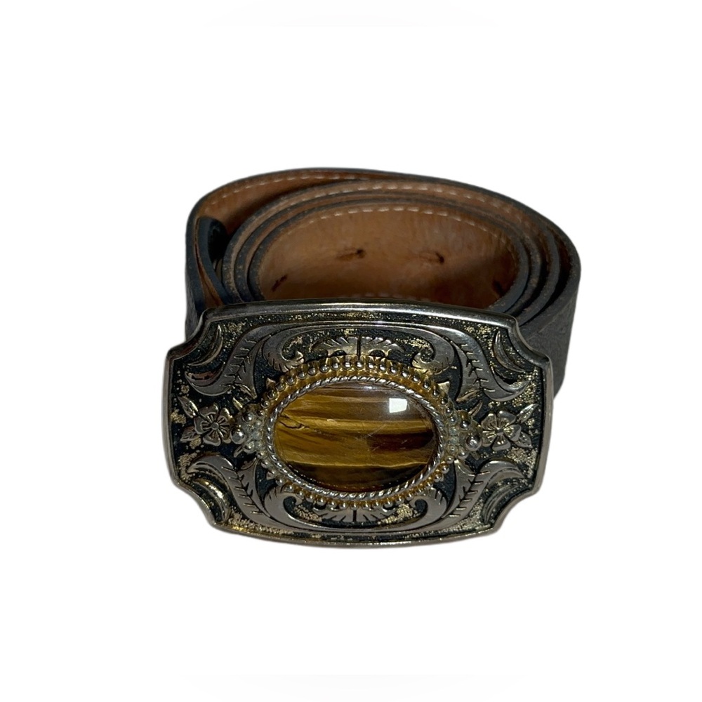 Elegant Brown Leather Belt with Tiger’s Eye Centerpiece Buckle